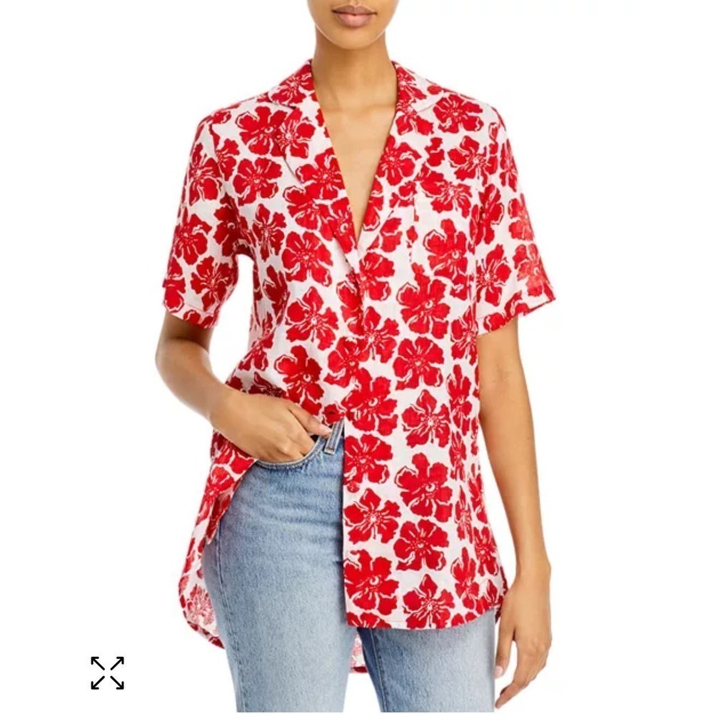 Faithfull the Brand Charlita shirt dress red floral 100% linen size 10 XL NWT